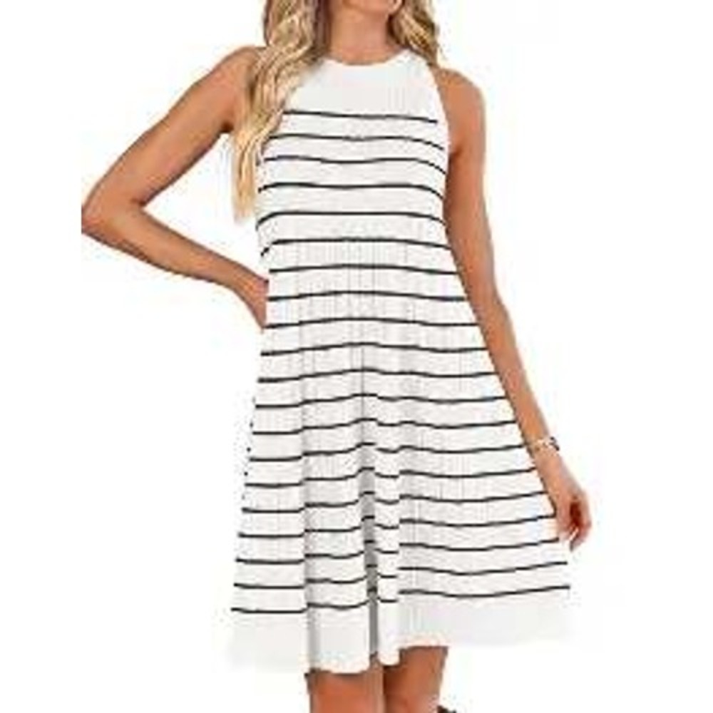 ZESICA‎ Womens White Black Striped Sleeveless Ribbed Knit A-Line Sweater Dress